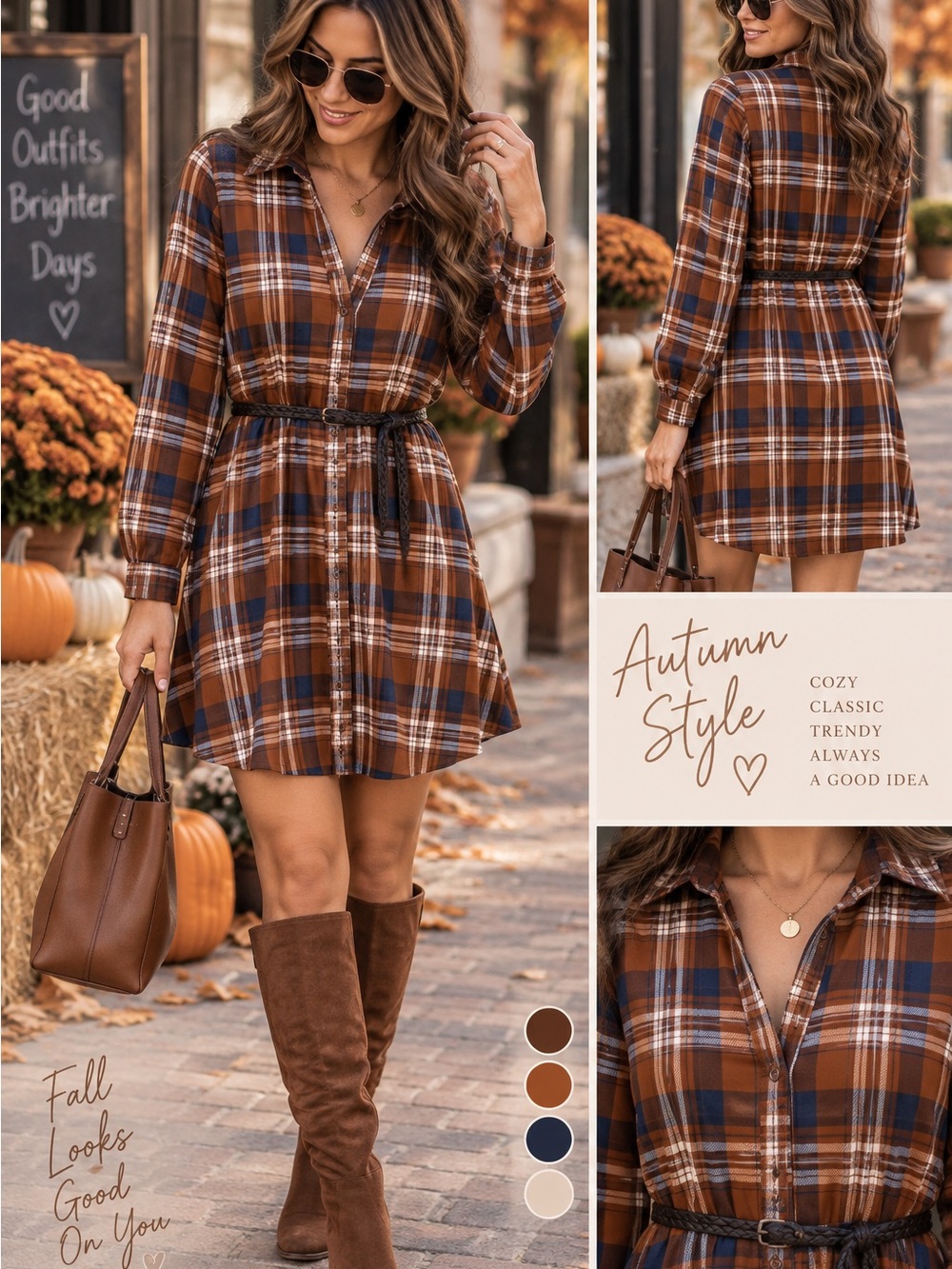 Derek Heart Rust Brown & Navy Plaid Mini Shirt Dress